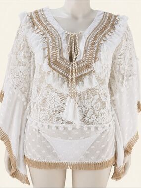 POL White Gold Boho Lace Tassel Beach Cover Up Tunic Small NIP